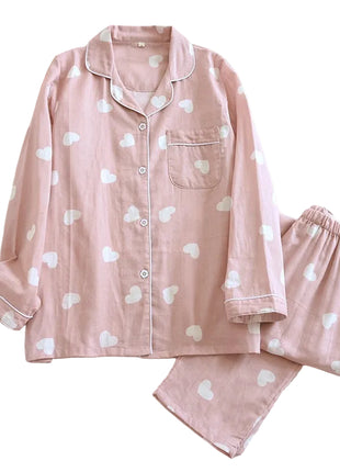 Women's Pink Heart Print Cotton Gauze Pyjamas BLNDL