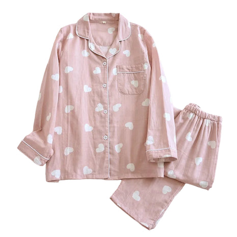 Women's Pink Heart Print Cotton Gauze Pyjamas BLNDL