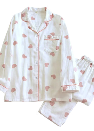 White Love Heart Double-Layer Long Sleeve Cotton Breathable Sleepwear