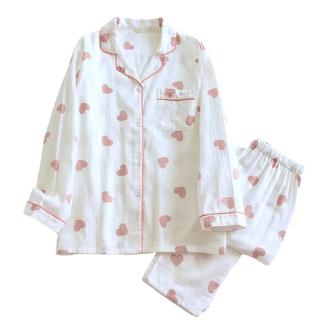 White Love Heart Double-Layer Long Sleeve Cotton Breathable Sleepwear