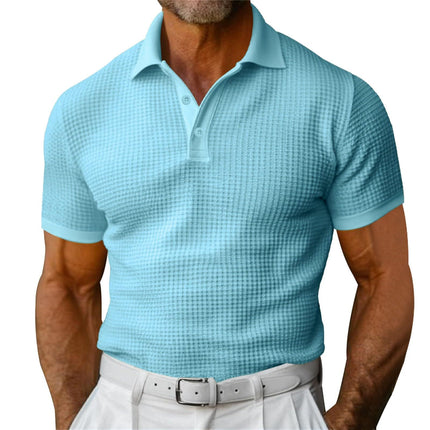 Light blue checkered polo shirt worn by a person on a white background