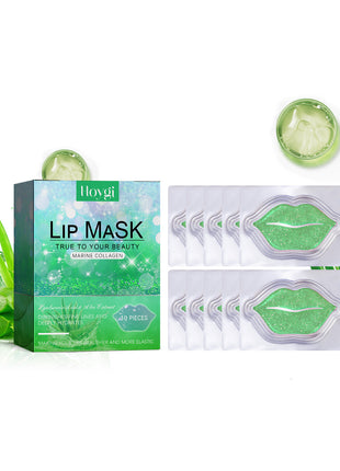 Lip mask packaging with green aloe vera leaves on a white background