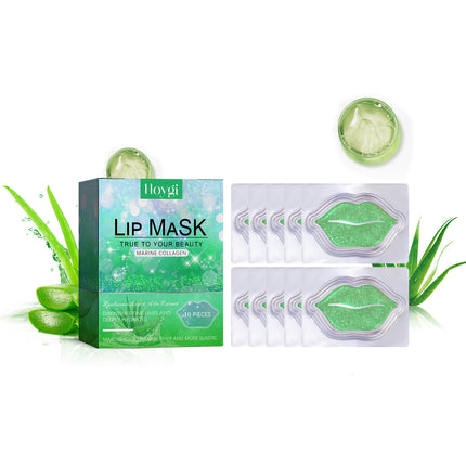 Lip mask packaging with green aloe vera leaves on a white background
