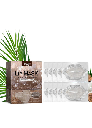 Lip mask packaging with leaf and coconut decorations on a white background
