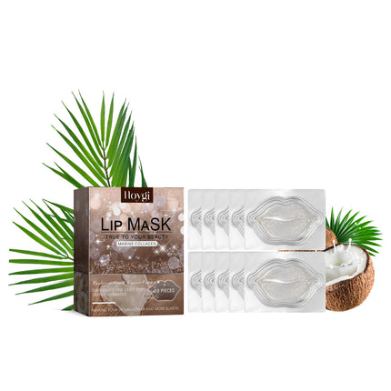 Lip mask packaging with leaf and coconut decorations on a white background