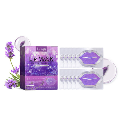 Lip mask packaging with lavender flowers on a white background