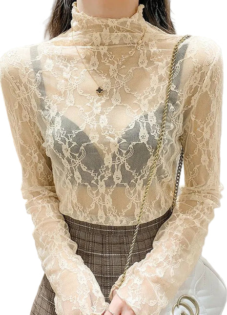 Beige lace top worn by a person with a neutral background blndl