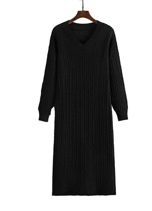 Women's V-neck knitted long sweater dress with back slit

Long straight knitted dress with elegant V-neckline

Women's viscose knit sweater dress in black

Oatmeal V-neck long sweater dress for smart-casual styling

Women's knitted dress in apricot with back slit detail

Purple long sweater dress for elegant everyday outfits

Cameo brown women's knit dress for commute wear