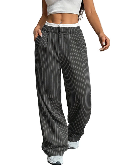 Loose fit women’s stripe trousers made with polyester fabric for comfortable everyday fashion.