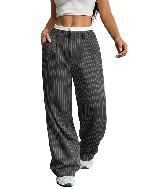 Loose fit women’s stripe trousers made with polyester fabric for comfortable everyday fashion.