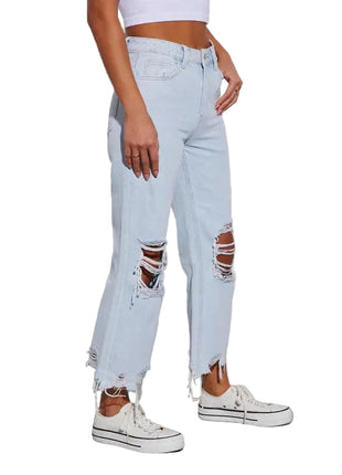 Women’s hand frayed denim pants featuring distressed holes and comfortable relaxed fit.