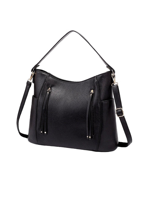 Black handbag with multiple pockets and straps on a white background