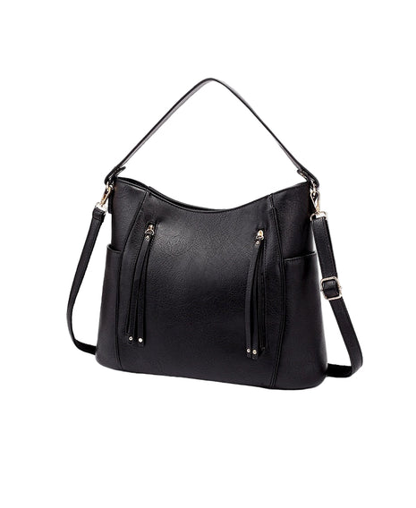 Black handbag with multiple pockets and straps on a white background