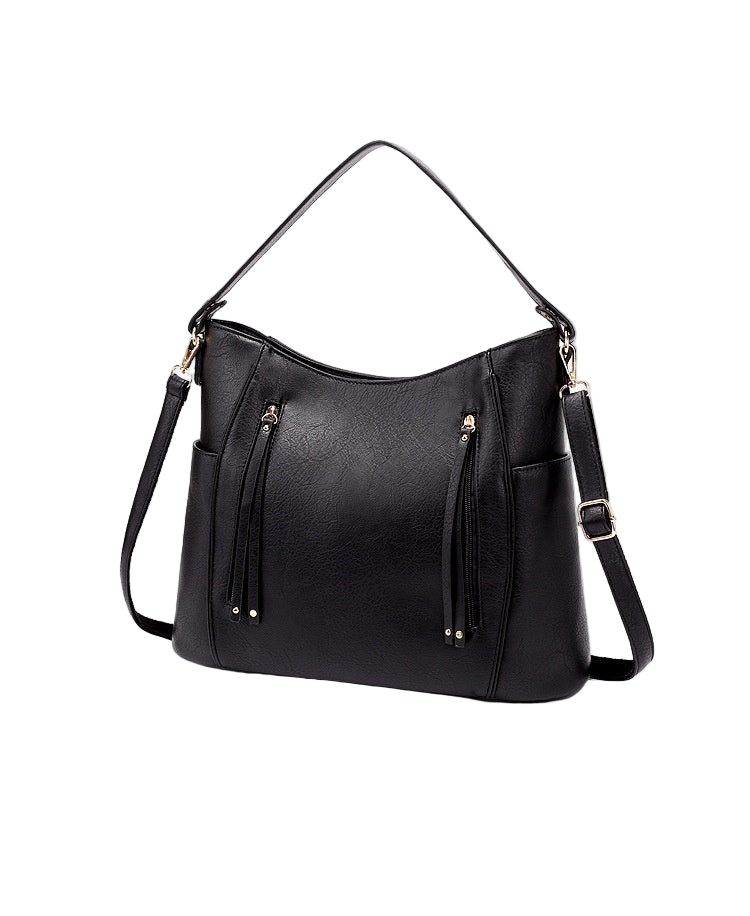 Black handbag with multiple pockets and straps on a white background