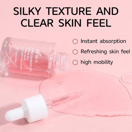 Serum bottle with dropper on a pink background, highlighting 'Silky Texture and Clear Skin Feel' text.