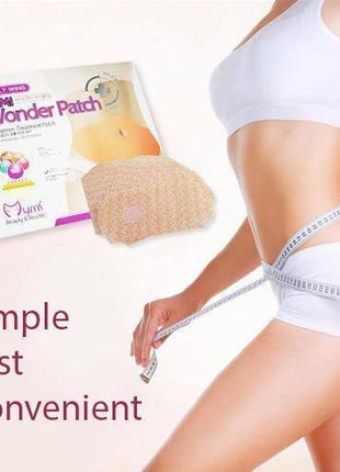 Wonder Patch packaging with a person measuring their waist, on a light background