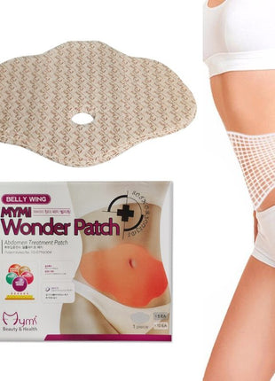 Mymi Wonder Patch packaging with a belly patch and a person wearing a white garment.