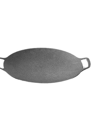 Round gray grill pan with handles on a white background