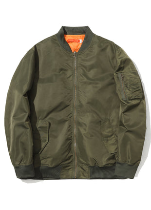 Green bomber jacket with orange lining on a white background