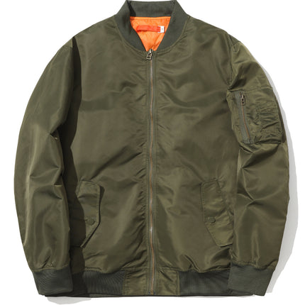 Green bomber jacket with orange lining on a white background