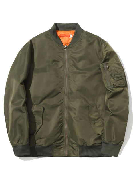 Green bomber jacket with orange lining on a white background