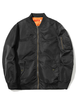 Black bomber jacket with orange lining on a white background