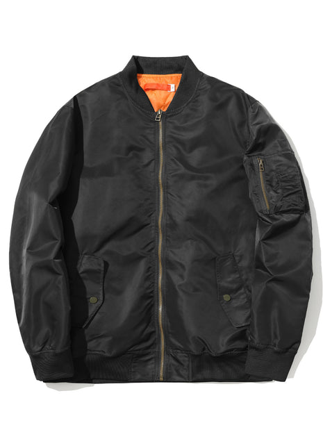 Black bomber jacket with orange lining on a white background