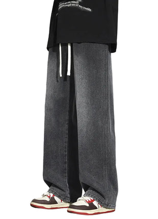 Grey Men’s Casual Wide Leg Jeans with Mid Rise Fit and Stretch Denim