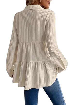 Milky white Korean-inspired long sleeve blouse made from a soft cotton-polyester blend for everyday layering.