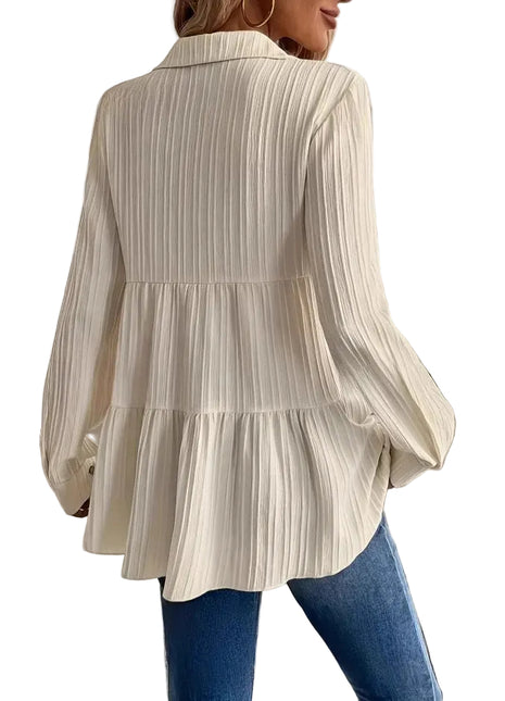 Milky white Korean-inspired long sleeve blouse made from a soft cotton-polyester blend for everyday layering.