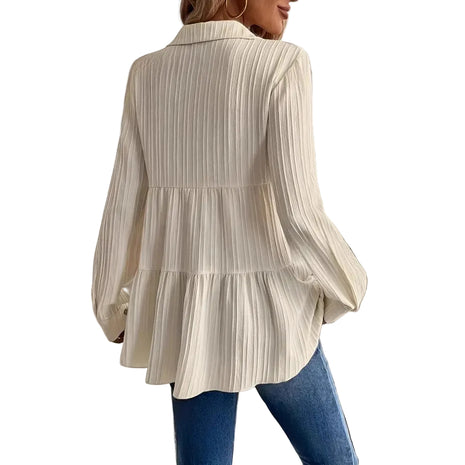 Milky white Korean-inspired long sleeve blouse made from a soft cotton-polyester blend for everyday layering.
