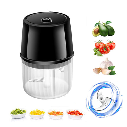 Black food chopper with images of ingredients and a close-up of the blade on a white background