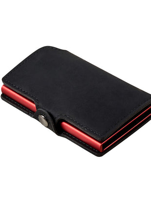 Minimalist PU leather card organizer featuring metal protection and RFID security.
