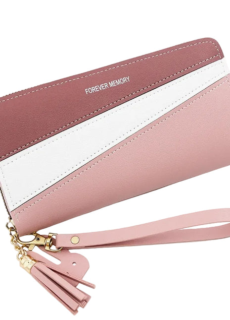 Minimalist PU leather purse available in pink, red, blue, and black colors.