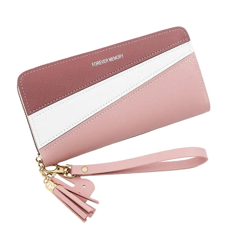 Minimalist PU leather purse available in pink, red, blue, and black colors.