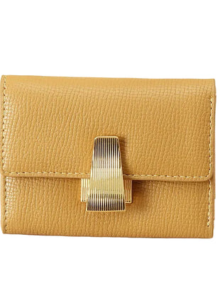 Minimalist genuine leather card holder available in yellow, pink, black, and beige colors.