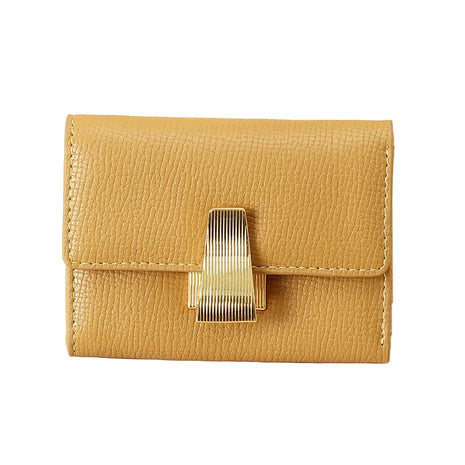Minimalist genuine leather card holder available in yellow, pink, black, and beige colors.
