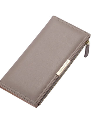 Minimalist long wallet with multiple card compartments and secure zipper closure.