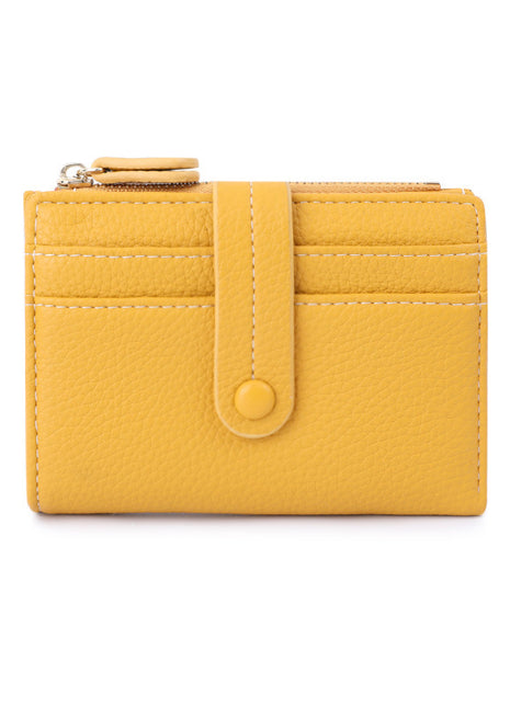 Minimalist small wallet featuring button closure and organized card storage.