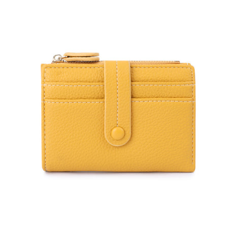 Minimalist small wallet featuring button closure and organized card storage.