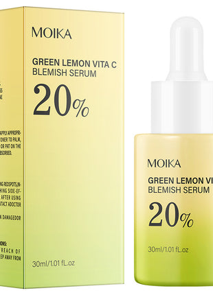 Moika Green Lemon Vita C Blemish Serum packaging and bottle on a white background