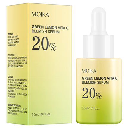 Moika Green Lemon Vita C Blemish Serum packaging and bottle on a white background