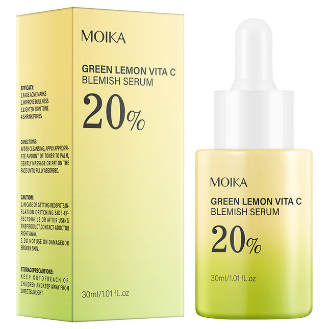 Moika Green Lemon Vita C Blemish Serum packaging and bottle on a white background