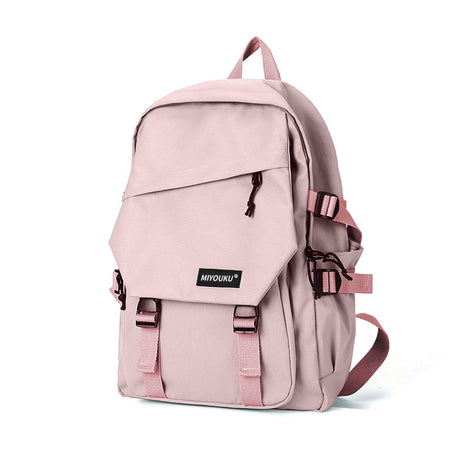 Pink backpack with 'MYOUKU' logo on a white background