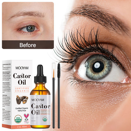 Moyyam Castor Oil product with before and after eye lash comparison