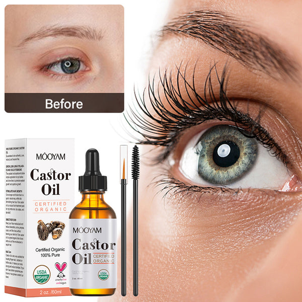 Moyyam Castor Oil product with before and after eye lash comparison