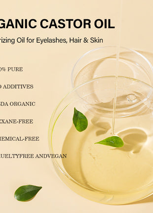 Organic castor oil with benefits listed on a beige background