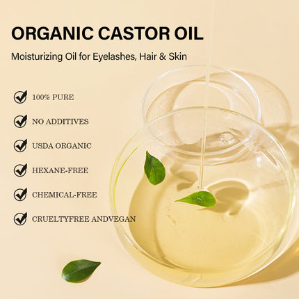 Organic castor oil with benefits listed on a beige background
