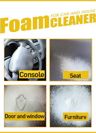Advertisement for foam cleaner with images of console, seat, door/window, and furniture cleaning.