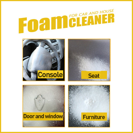 Advertisement for foam cleaner with images of console, seat, door/window, and furniture cleaning.